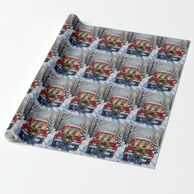 Maine Coon Christmas Red Truck Holiday Wrapping Paper (Unrolled)