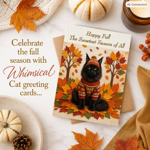Maine Coon Cute Cat Fall Leaves Autumn Family Card