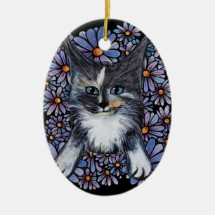 Maine Coon Dilute Calico Cat Purple Daisy          Ceramic Tree Decoration