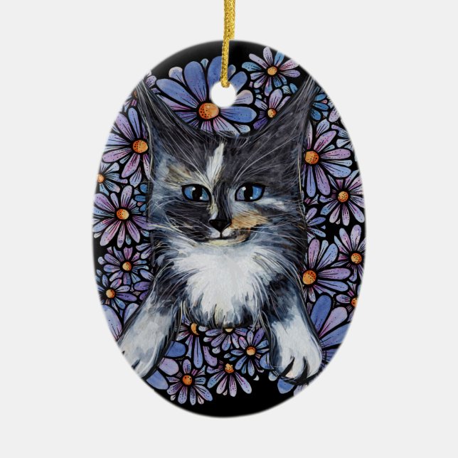 Maine Coon Dilute Calico Cat Purple Daisy          Ceramic Tree Decoration (Front)