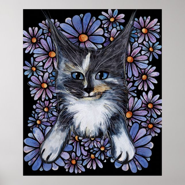 Maine Coon Dilute Calico Cat Purple Daisy          Poster (Front)
