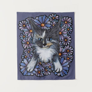 Maine Coon Dilute Calico Cat Purple Daisy          Tapestry