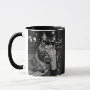 Maine Coon Iced Coffee Black and White Noir Art Mug
