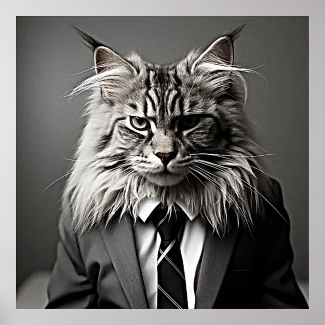 Maine Coon in a Black Suit and Tie Poster (Front)