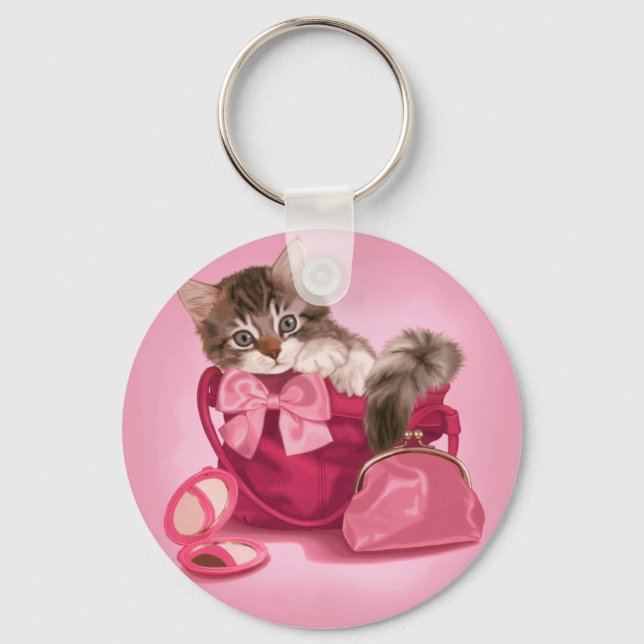 Maine coon in pink handbag key ring (Front)