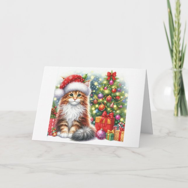 Maine Coon Kitten Sitting By Christmas Tree  Holiday Card (Front)