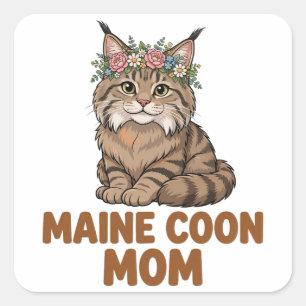 Maine Coon Mum — Fluffy Maine Coon with Flower Cro Square Sticker