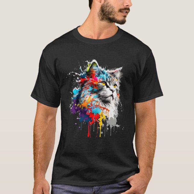 Maine Coon Paint Splatter Cat  Splatter Paint T-Shirt (Front)