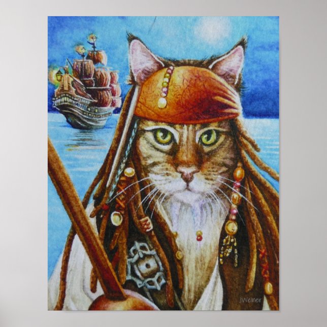Maine Coon Pirate Cat Jack & Ship Watercolor 11x14 Poster (Front)