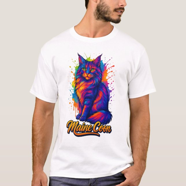 Maine Coon Pop Art Colourful Cat Illustration T-Shirt (Front)