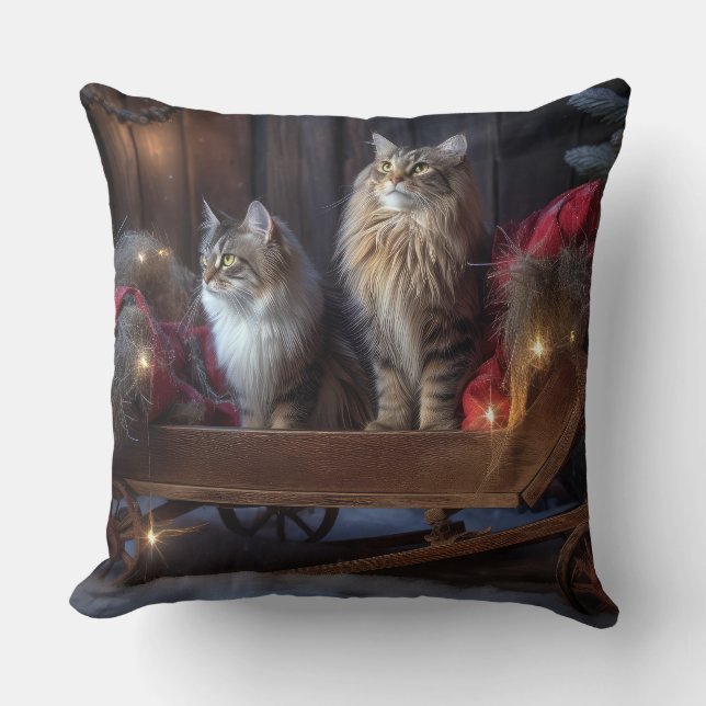 Maine Coon Snowy Sleigh Christmas Decor Cushion (Front)