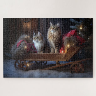 Maine Coon Snowy Sleigh Christmas Decor Jigsaw Puzzle