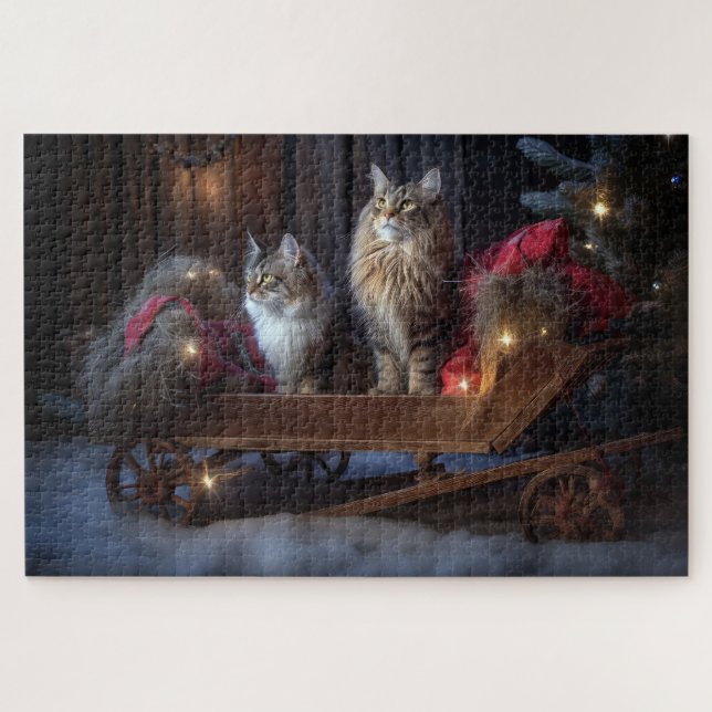 Maine Coon Snowy Sleigh Christmas Decor Jigsaw Puzzle (Horizontal)