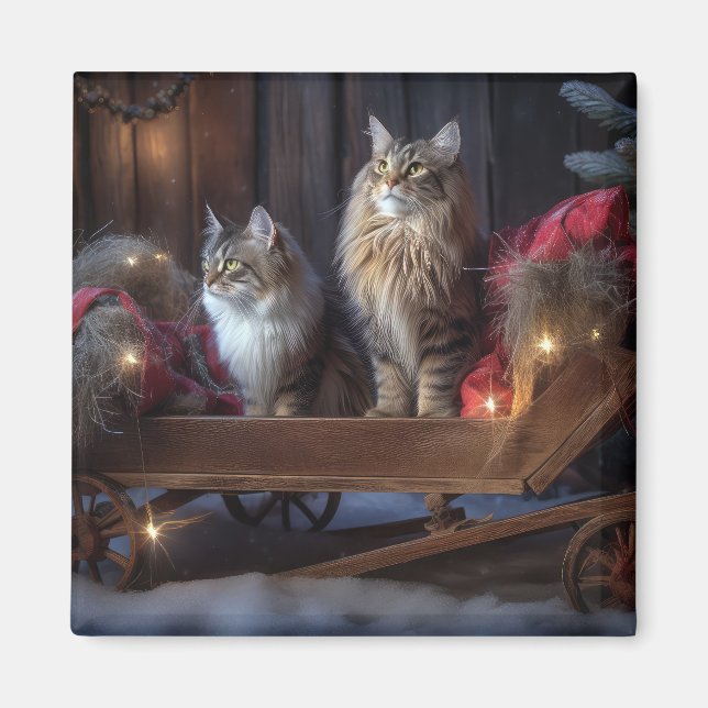 Maine Coon Snowy Sleigh Christmas Decor Magnet (Front)