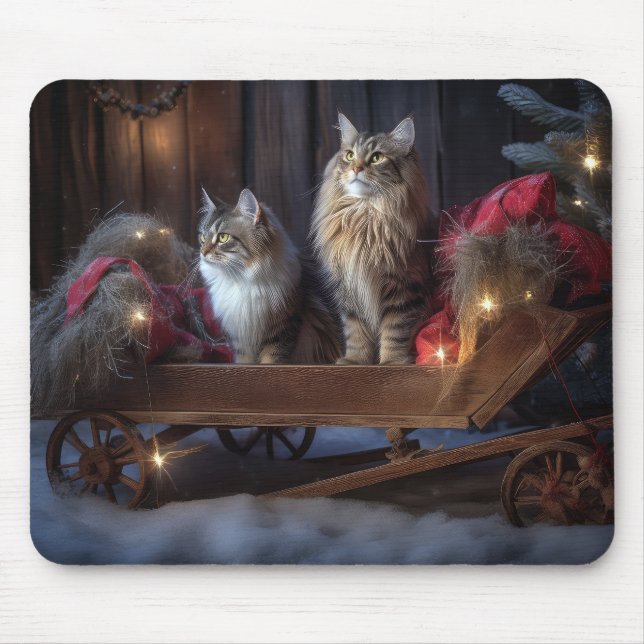 Maine Coon Snowy Sleigh Christmas Decor Mouse Mat (Front)