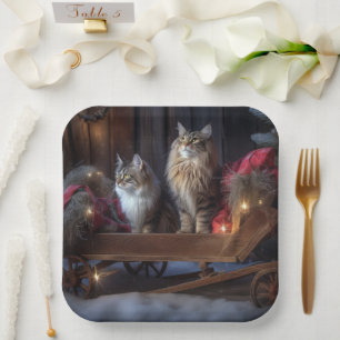 Maine Coon Snowy Sleigh Christmas Decor Paper Plate