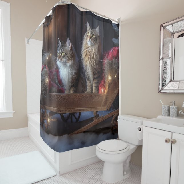 Maine Coon Snowy Sleigh Christmas Decor Shower Curtain (In Situ)