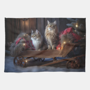 Maine Coon Snowy Sleigh Christmas Decor Tea Towel