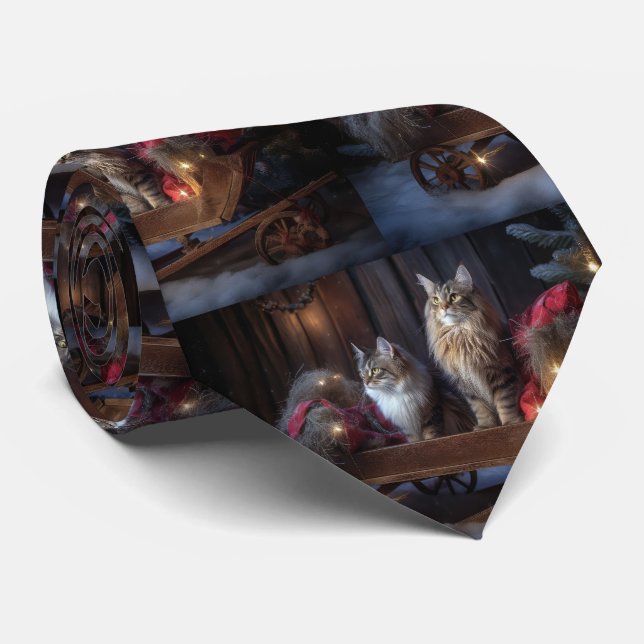 Maine Coon Snowy Sleigh Christmas Decor Tie (Rolled)