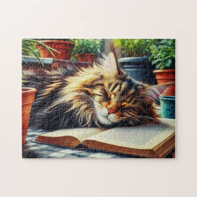 Maine Coon Tabby Cat Sleeping in a Garden Jigsaw Puzzle (Horizontal)