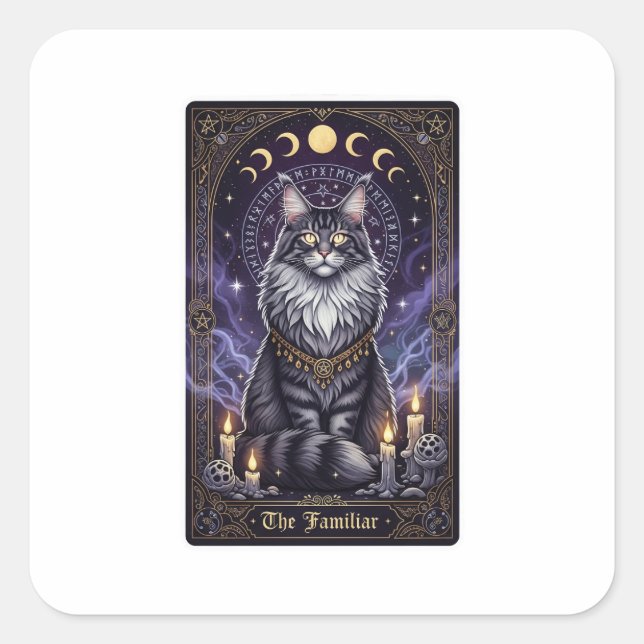 Maine Coon Tarot – The Familiar Halloween Square Sticker (Front)