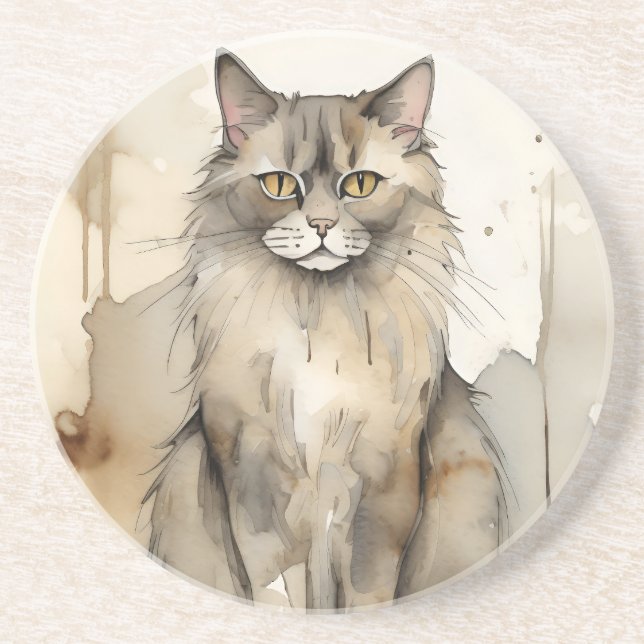 Maine Coon Watercolor Illustration Coaster (Front)