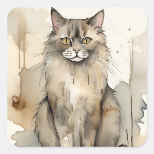 Maine Coon Watercolor Illustration Square Sticker