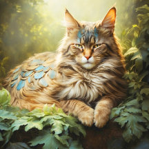 Maine Coon with Feathers in Forest