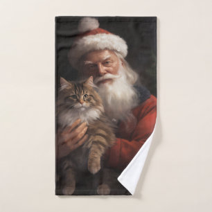 Maine Coon With Santa Claus Festive Christmas  Bath Towel Set