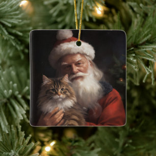 Maine Coon With Santa Claus Festive Christmas  Ceramic Ornament