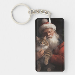 Maine Coon With Santa Claus Festive Christmas  Key Ring
