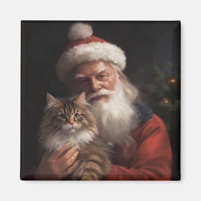 Maine Coon With Santa Claus Festive Christmas  Magnet (Front)