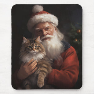 Maine Coon With Santa Claus Festive Christmas  Mouse Mat