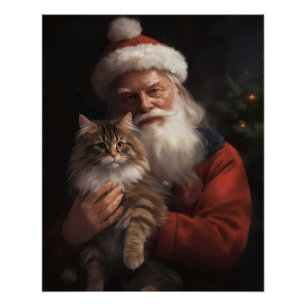 Maine Coon With Santa Claus Festive Christmas  Poster