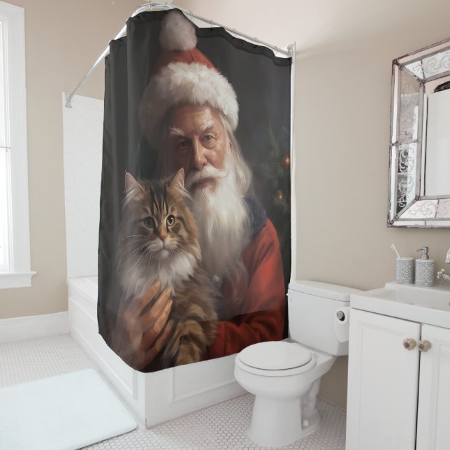 Maine Coon With Santa Claus Festive Christmas  Shower Curtain (In Situ)