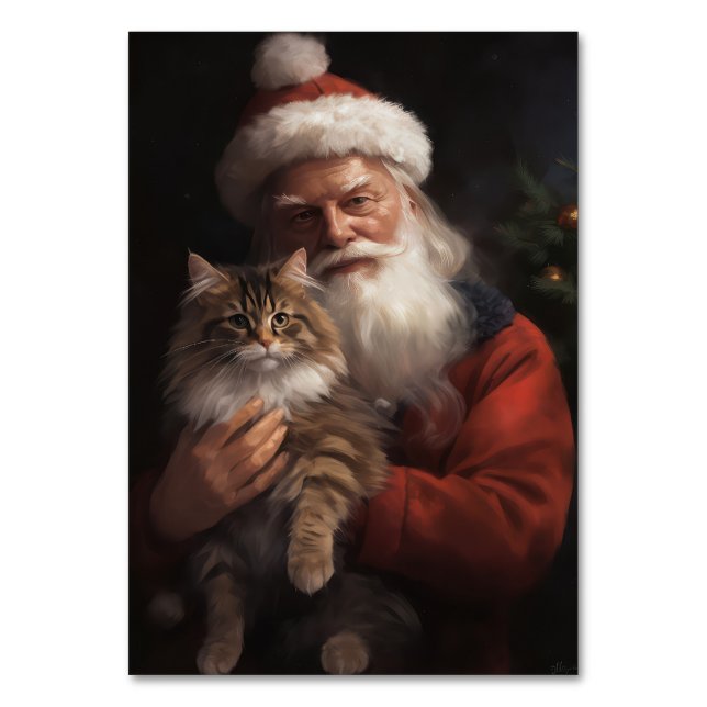 Maine Coon With Santa Claus Festive Christmas  Table Number (Front)