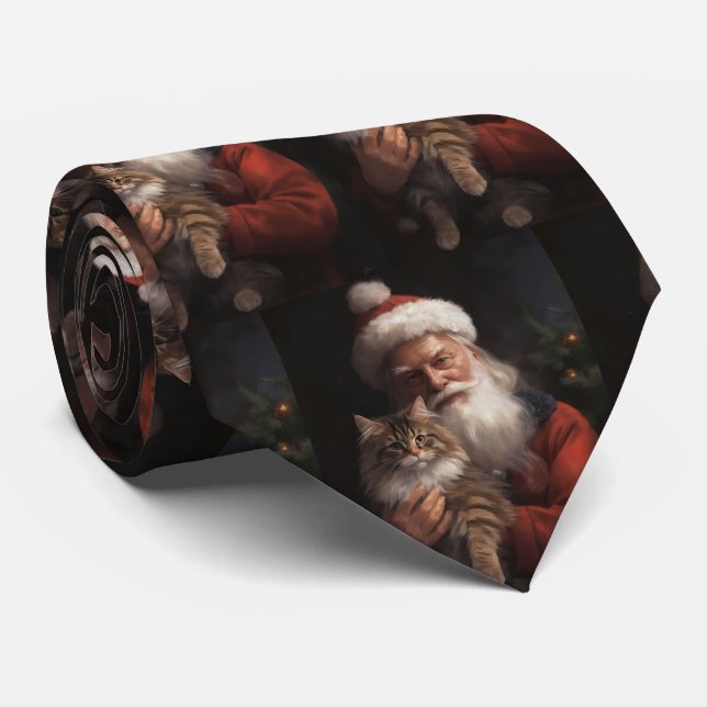 Maine Coon With Santa Claus Festive Christmas  Tie (Rolled)