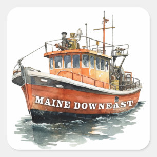 Maine Downeast Boat Fishing Square Sticker