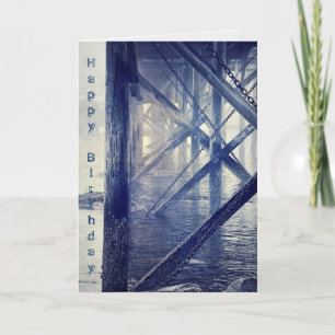 Maine Harbour Docks Rustic Blue Birthday Card