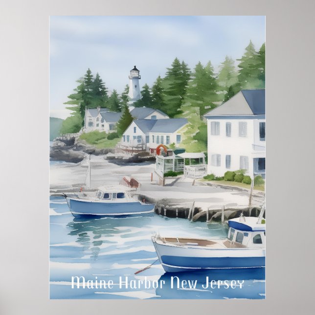 Maine Harbour New Jersey Watercolor Art  Poster (Front)