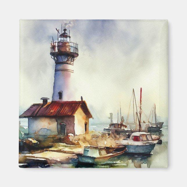 Maine Lighthouse and boats Watercolor Art Magnet (Front)
