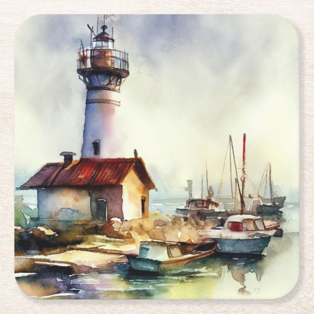 Maine Lighthouse and boats Watercolor Art Square Paper Coaster (Front)