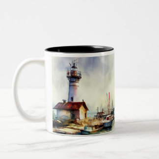 Maine Lighthouse and boats Watercolor Art Two-Tone Coffee Mug