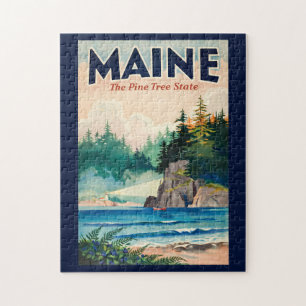 Maine Lighthouse Painterly Illustration Travel Art Jigsaw Puzzle
