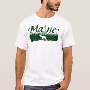 Maine, lighthouse, pine trees, silhouette moose T-Shirt