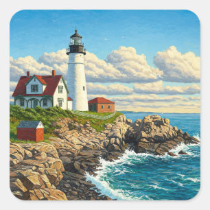 Maine Lighthouse Travel Square Sticker