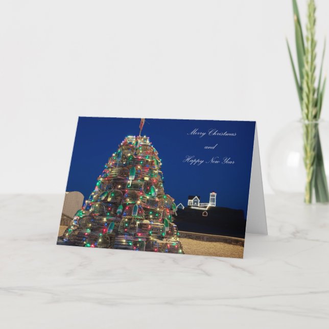 Maine Lobsta Trap Nubble Light Christmas Card (Front)