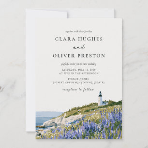 Maine Lupine Lighthouse Coastal Watercolor Wedding Invitation