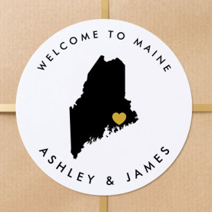 Maine Map Wedding Welcome Sticker Tag, Black Gold