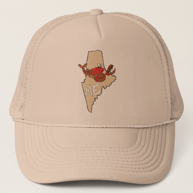 Maine ME Cartoon Map with Lobster Art Trucker Hat (Front)